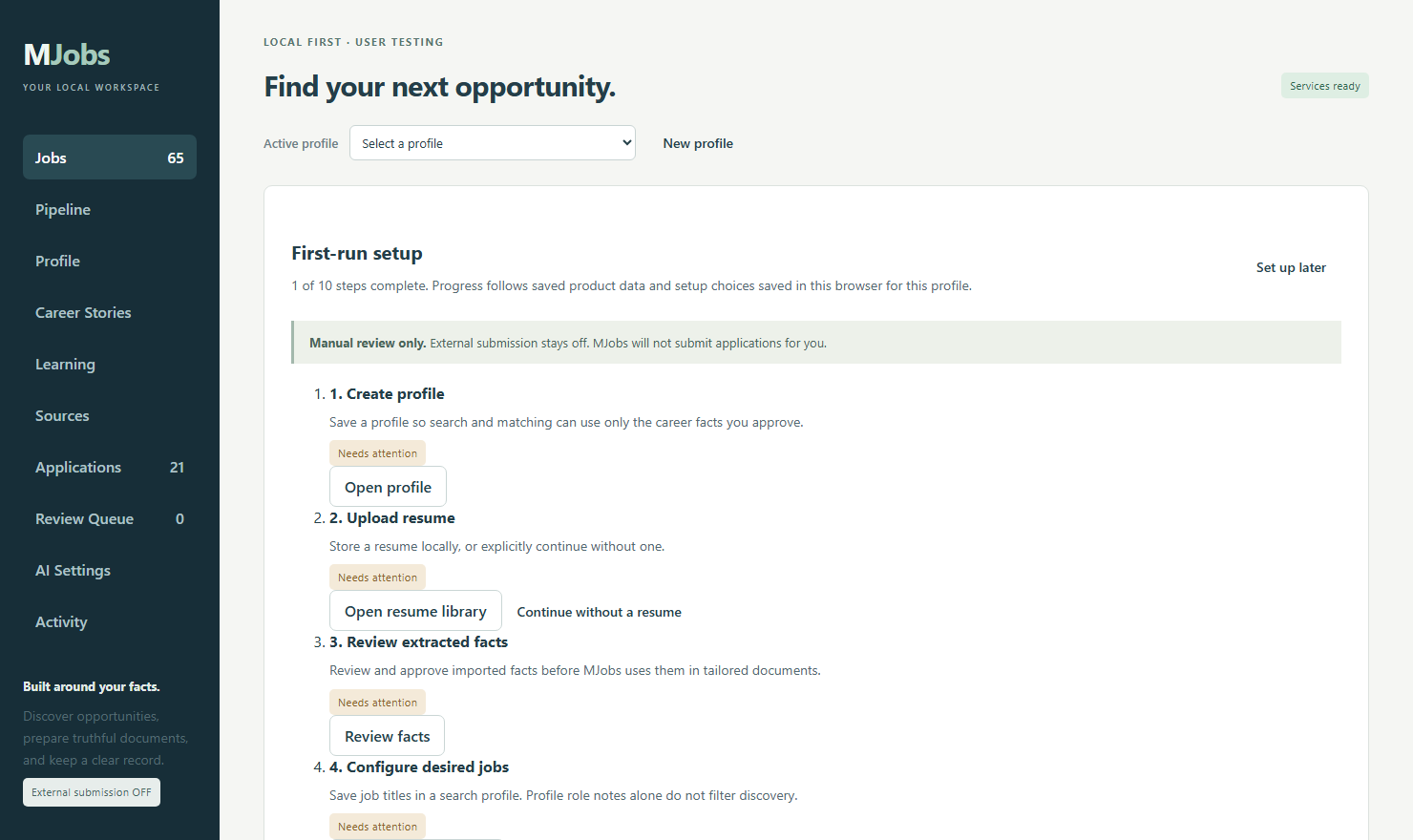 First-run checklist from the actual running fixture application