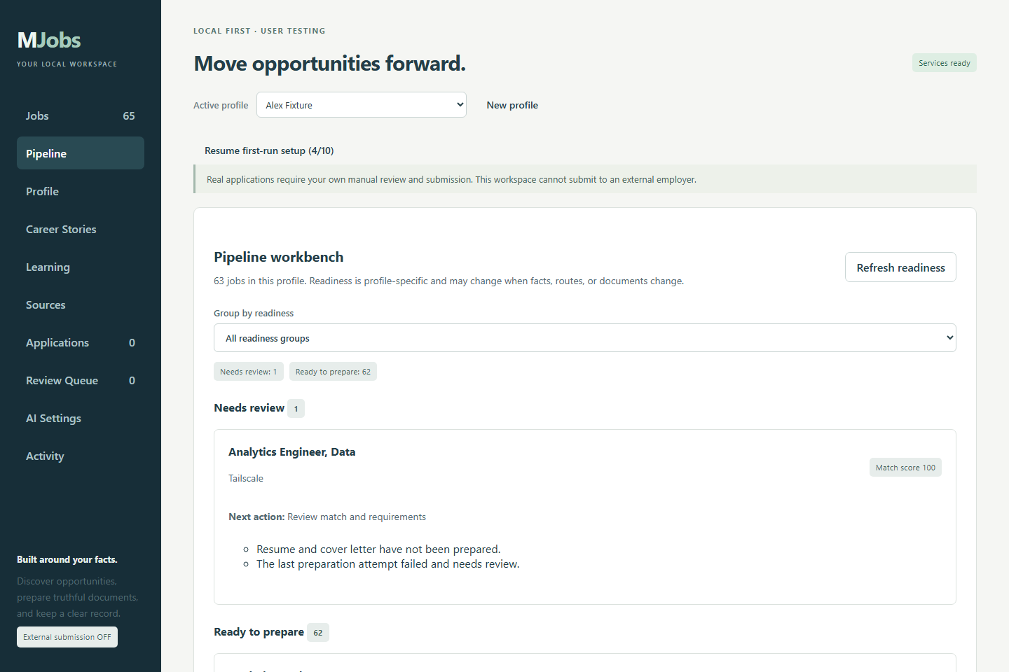 The MJobs pipeline workbench using an explicitly fictional career profile